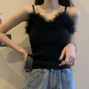 Women's Sleeveless Ribbed Knit Faux Feather Cami Top-(Medium)